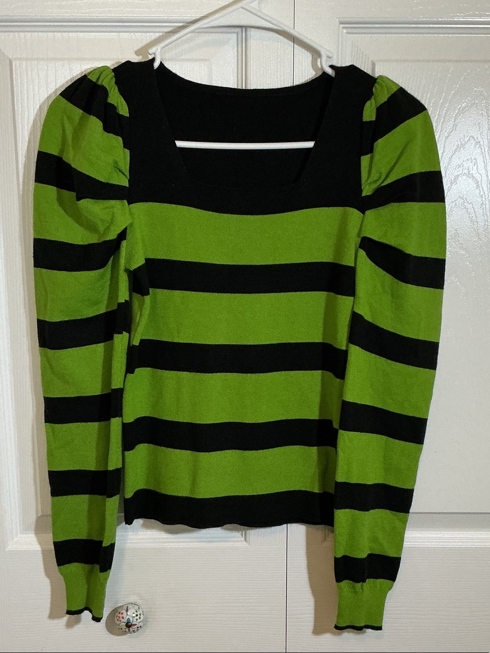 Women’s Green and Black Striped Square-Neck, ruched sleeve sweater
